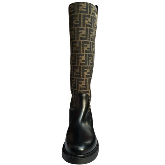 Fendi Filo FF Monogram Canvas and Leather Knee High Boots Black Brown Size 12 - Picture 10 of 16